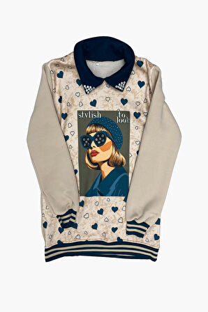 Kız Çocuk Görsel Baskılı Yaka Taşlı 3 İplik Alt Üst Takım 12321