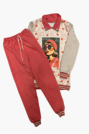 Kız Çocuk Görsel Baskılı Yaka Taşlı 3 İplik Alt Üst Takım 12321