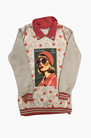 Kız Çocuk Görsel Baskılı Yaka Taşlı 3 İplik Alt Üst Takım 12321