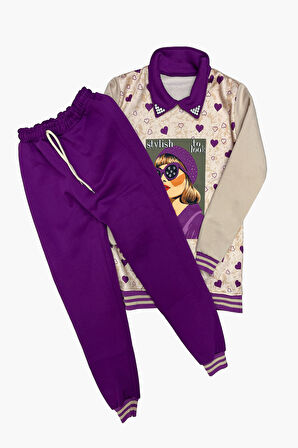 Kız Çocuk Görsel Baskılı Yaka Taşlı 3 İplik Alt Üst Takım 12321