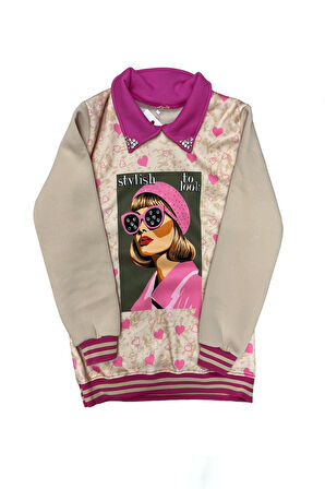 Kız Çocuk Görsel Baskılı Yaka Taşlı 3 İplik Alt Üst Takım 12321