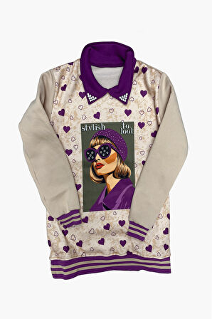 Kız Çocuk Görsel Baskılı Yaka Taşlı 3 İplik Alt Üst Takım 12321