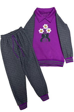 Kız Çocuk Papatya Nakışlı Ribana Detaylı 3 İplik Alt- Üst Takım 12322