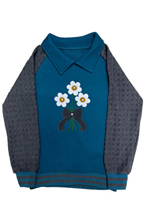 Kız Çocuk Papatya Nakışlı Ribana Detaylı 3 İplik Alt- Üst Takım 12322