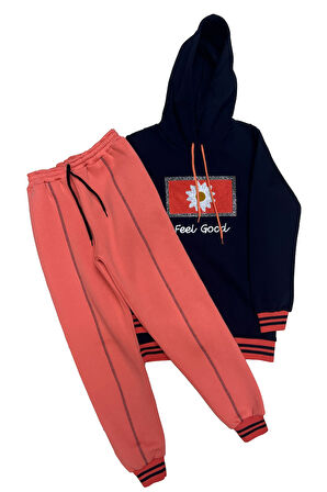 Kız Çocuk Kapüşonlu Papatya Nakışlı Taş Süslemeli 3 İplik Alt- Üst Takım 12323