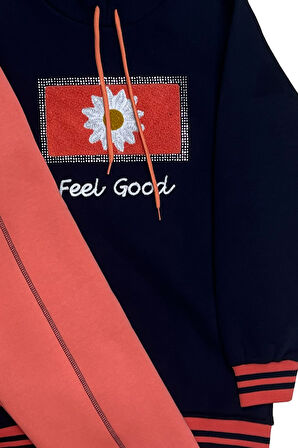 Kız Çocuk Kapüşonlu Papatya Nakışlı Taş Süslemeli 3 İplik Alt- Üst Takım 12323