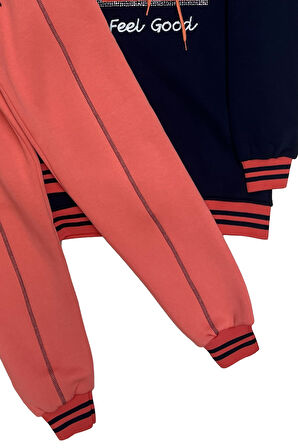 Kız Çocuk Kapüşonlu Papatya Nakışlı Taş Süslemeli 3 İplik Alt- Üst Takım 12323