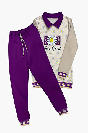 Kız Çocuk Papatya Baskılı Taş Süslemeli 3 İplik  Alt Üst Takım 12324