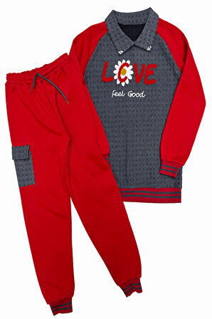 Kız Çocuk Kargo Cepli Gömlek Yakalı ve Yaka Taşlı 3 İplik  Alt Üst Takım 12328