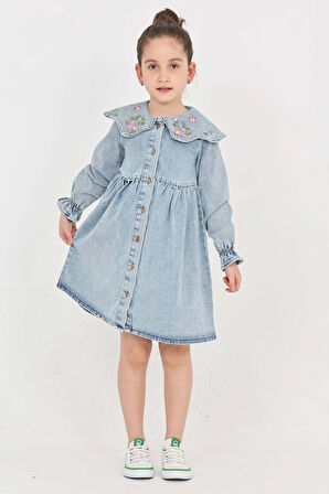 Kız Çocuk Yaka Detaylı ve Boydan Düğmeli Jean Elbise 12339