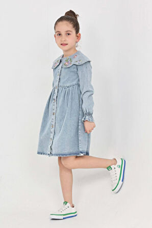 Kız Çocuk Yaka Detaylı ve Boydan Düğmeli Jean Elbise 12339