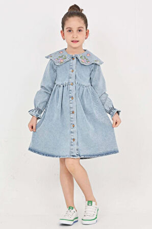 Kız Çocuk Yaka Detaylı ve Boydan Düğmeli Jean Elbise 12339