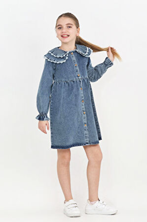Kız Çocuk Çift Yaka Detaylı ve Boydan Düğmeli Jean Elbise 12341