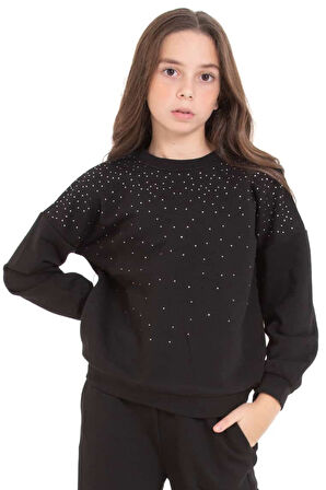 Kız Çocuk 3 İplik Taş Detaylı Alt-Üst Takım 4-12 Yaş 12346