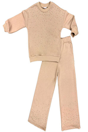 Kız Çocuk 3 İplik Taş Detaylı Alt-Üst Takım 4-12 Yaş 12346