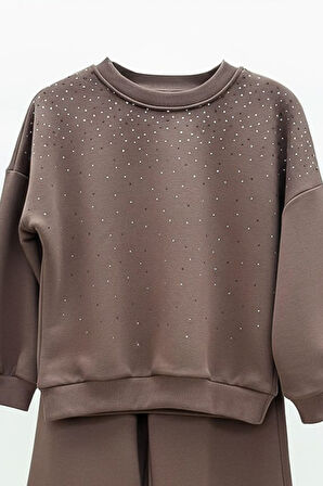 Kız Çocuk 3 İplik Taş Detaylı Alt-Üst Takım 4-12 Yaş 12346