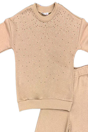 Kız Çocuk 3 İplik Taş Detaylı Alt-Üst Takım 4-12 Yaş 12346