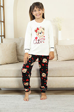 Kız Çocuk Ayıcık Baskılı %100 Pamuk İnterlok Kumaş Pijama Takımı 12347