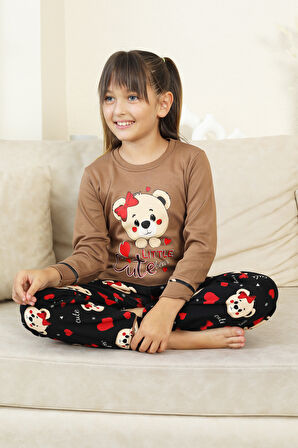 Kız Çocuk Ayıcık Baskılı %100 Pamuk İnterlok Kumaş Pijama Takımı 12347