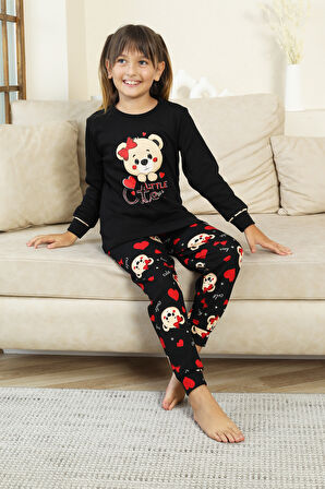 Kız Çocuk Ayıcık Baskılı %100 Pamuk İnterlok Kumaş Pijama Takımı 12347