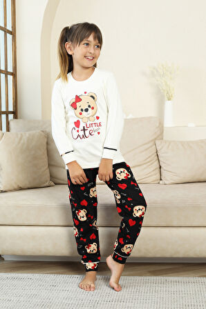 Kız Çocuk Ayıcık Baskılı %100 Pamuk İnterlok Kumaş Pijama Takımı 12347