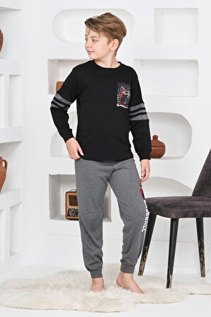 Erkek Çocuk Arkası Baskılı %100 Pamuk İnterlok Kumaş Pijama Takımı 12348