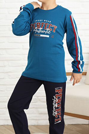 Erkek Çocuk Kolları Şeritli %100 Pamuk İnterlok Kumaş Pijama Takımı 12351