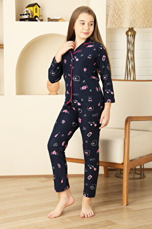 Kız Çocuk Pat Yakalı-Baskılı ve Düğme Kapamalı-%100 Pamuk Pijama Takımı 12352