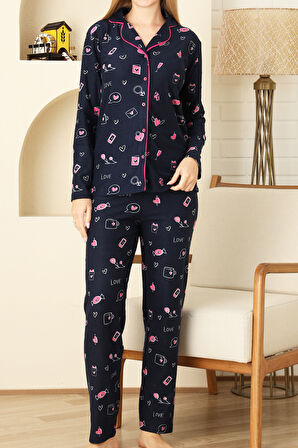 Kadın Pat Yakalı-Baskılı ve Düğme Kapamalı-%100 Pamuk Pijama Takımı 12353