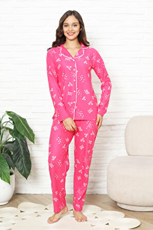 Kadın %100 Pamuk Pijama Takımı - Pat Yakalı-Baskılı ve Düğme Kapamalı 12354