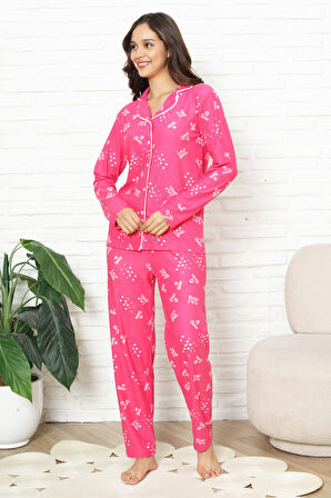 Kadın %100 Pamuk Pijama Takımı - Pat Yakalı-Baskılı ve Düğme Kapamalı 12354