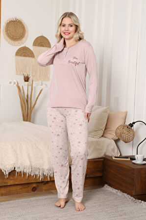 Kadın %100 Pamuk Pijama Takımı - Baskılı - 3 Düğmeli -12355