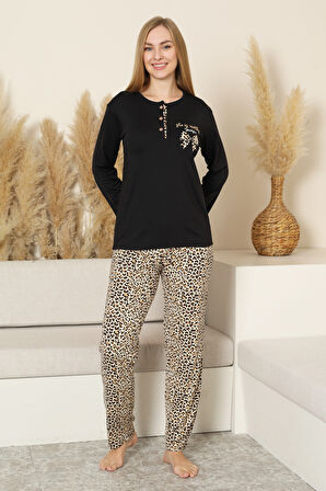 Kadın %100 Pamuk Pijama Takımı - Rotasyon Desenli - 3 Düğmeli -12356