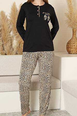 Kadın %100 Pamuk Pijama Takımı - Rotasyon Desenli - 3 Düğmeli -12356