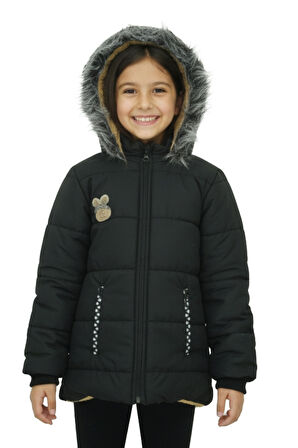 Kız Çocuk Peluş Astarlı - Fermuar Kapatmalı-Kürklü Kapüşonlu Mont 12357