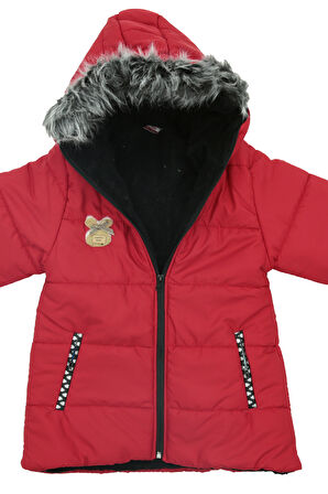 Kız Çocuk Peluş Astarlı - Fermuar Kapatmalı-Kürklü Kapüşonlu Mont 12357