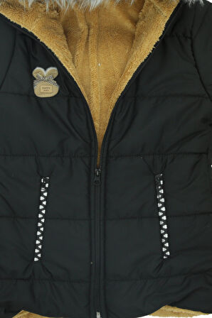 Kız Çocuk Peluş Astarlı - Fermuar Kapatmalı-Kürklü Kapüşonlu Mont 12357