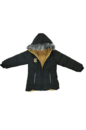 Kız Çocuk Peluş Astarlı - Fermuar Kapatmalı-Kürklü Kapüşonlu Mont 12357