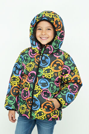 Kız Çocuk İçi Polar Astarlı-Kapüşonlu-Desenli-Fermuarlı Mont 12358