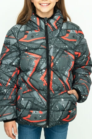 Kız Çocuk Desenli-İçi Polar Astarlı-Kapüşonlu-Fermuarlı Mont 12359