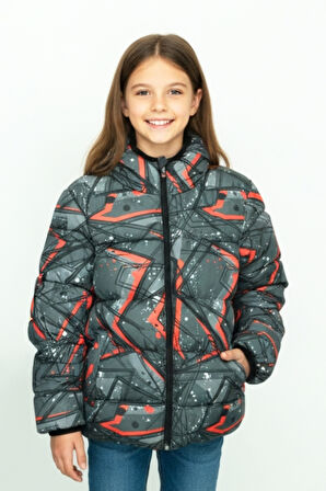 Kız Çocuk Desenli-İçi Polar Astarlı-Kapüşonlu-Fermuarlı Mont 12359