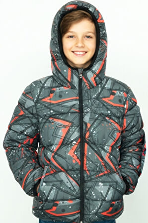 Erkek Çocuk Desenli-İçi Polar Astarlı-Kapüşonlu-Fermuarlı Mont 12360