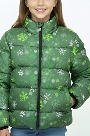 Kız Çocuk İçi Polar Astarlı-Desenli-Kapüşonlu-Fermuarlı Mont 12362