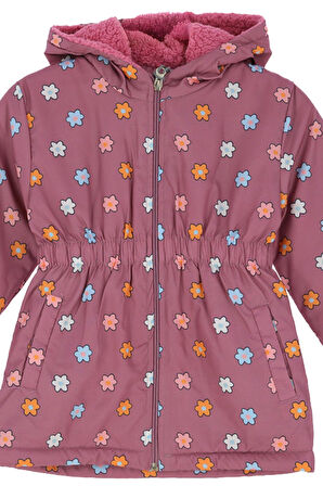 Kız Çocuk İçi Peluş Astarlı-Desenli-Kapüşonlu-Beli Lastikli Mont 12363