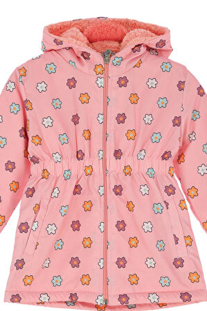 Kız Çocuk İçi Peluş Astarlı-Desenli-Kapüşonlu-Beli Lastikli Mont 12363