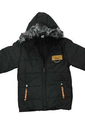 Erkek Çocuk İçi Peluş Astarlı-Kürk Kapüşonlu-Fermuarlı Mont 12369