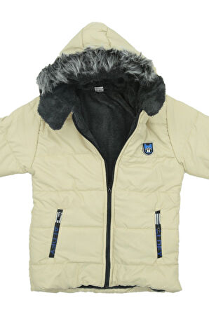 Erkek Çocuk İçi Peluş Astarlı-Kürk Kapüşonlu-Fermuarlı Mont 12369