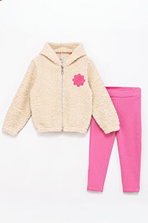 Kız Çocuk Welsoft Kumaş 2'li Takım (Kapüşonlu ve Fermuarlı Hırka+3 İplik Tayt) 12373