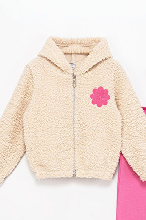 Kız Çocuk Welsoft Kumaş 2'li Takım (Kapüşonlu ve Fermuarlı Hırka+3 İplik Tayt) 12373