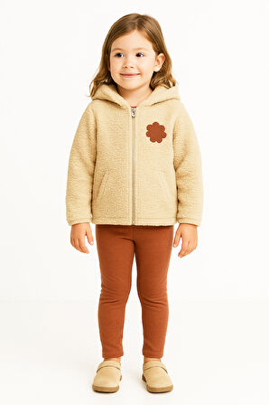 Kız Çocuk Welsoft Kumaş 2'li Takım (Kapüşonlu ve Fermuarlı Hırka+3 İplik Tayt) 12373